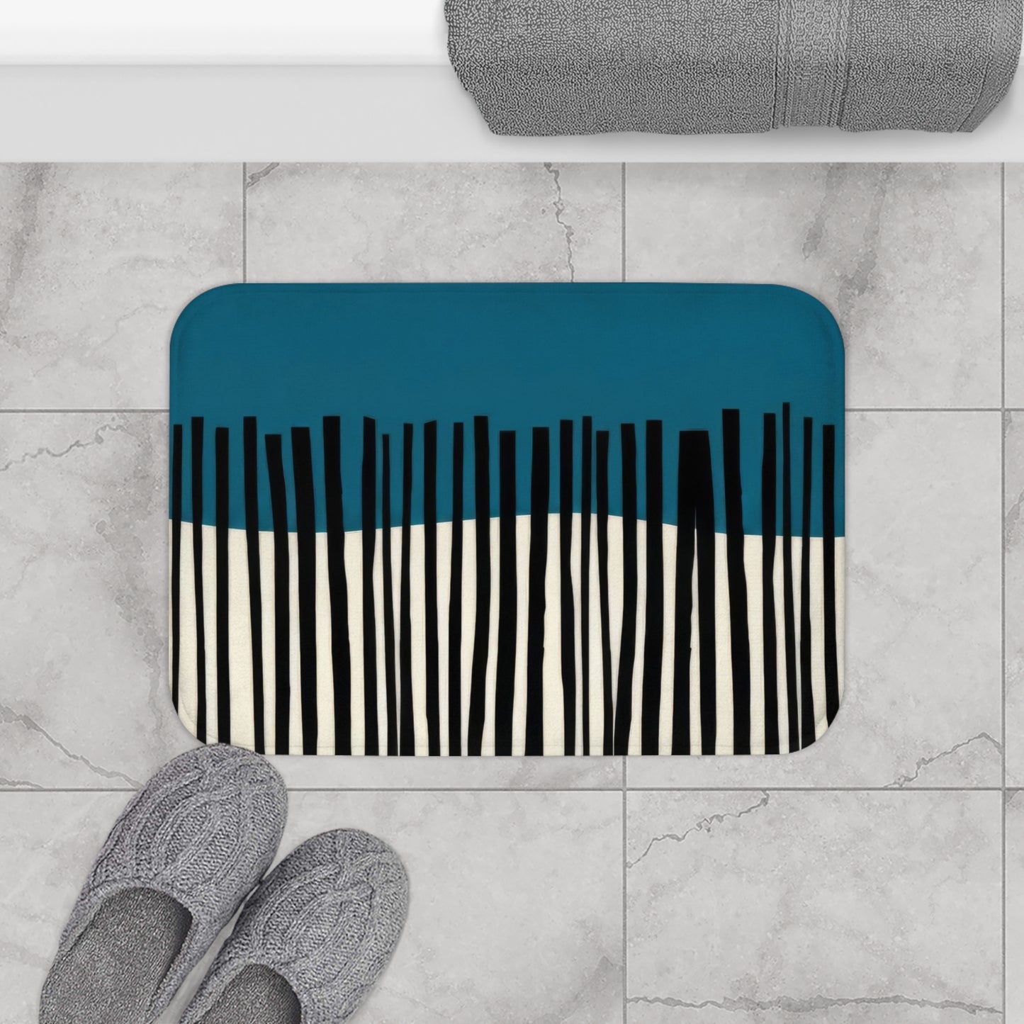 Abstract Teal Birch Bath Mat, Modern Scandinavian Home Decor