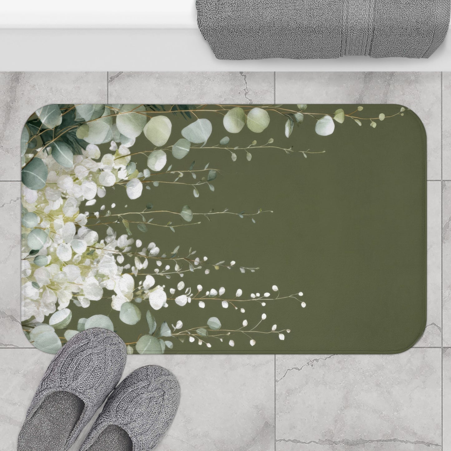 Moss Green Eucalyptus Bath Mat, Sophisticated Organic Bathroom