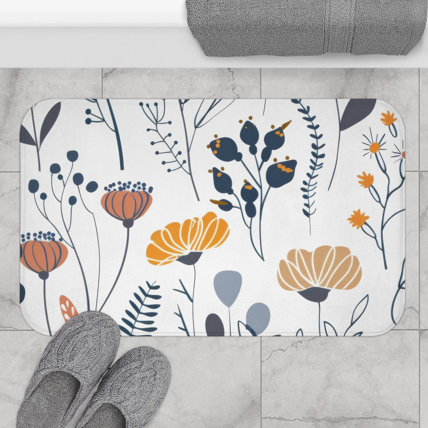Minimalist Wildflower Bath Mat, Retro Boho Bathroom Decor