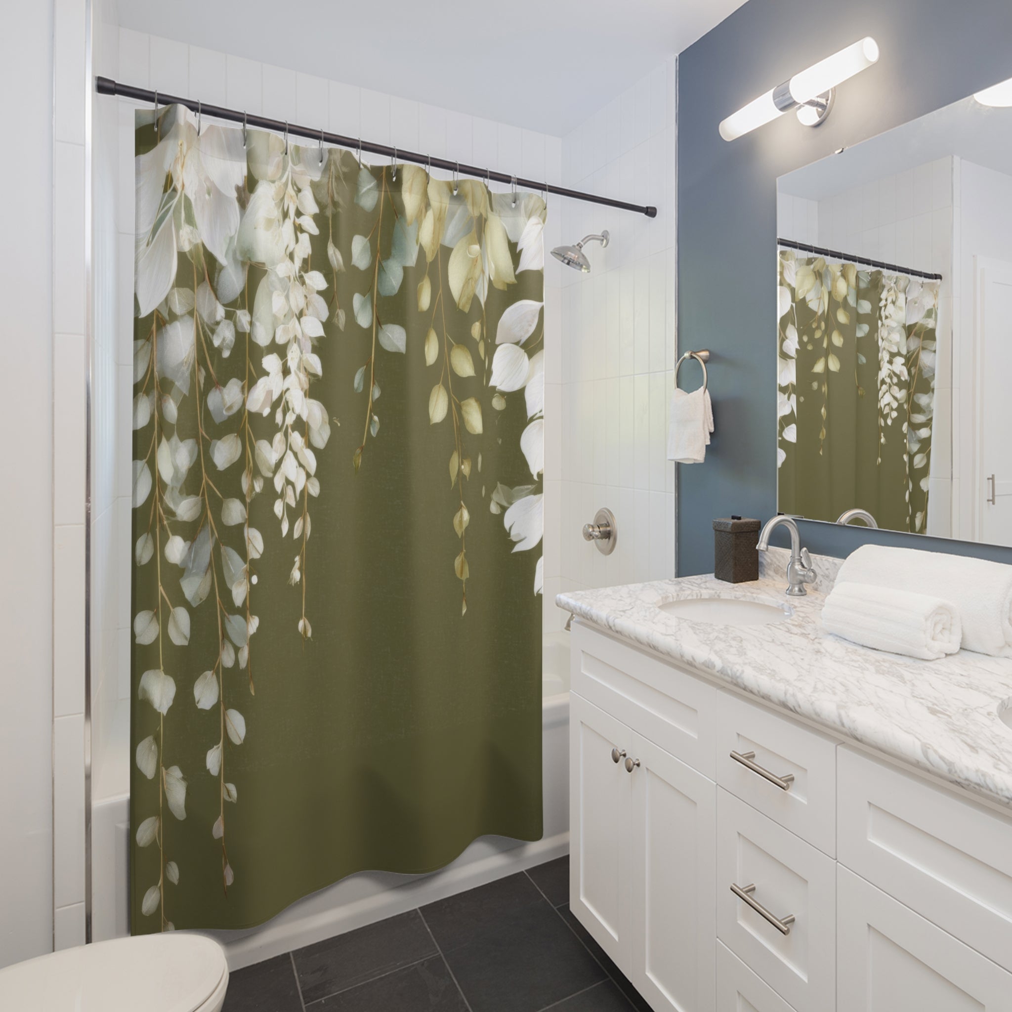 Olive Green Eucalyptus Shower Curtains, Modern Earthy Minimalist Bathroom