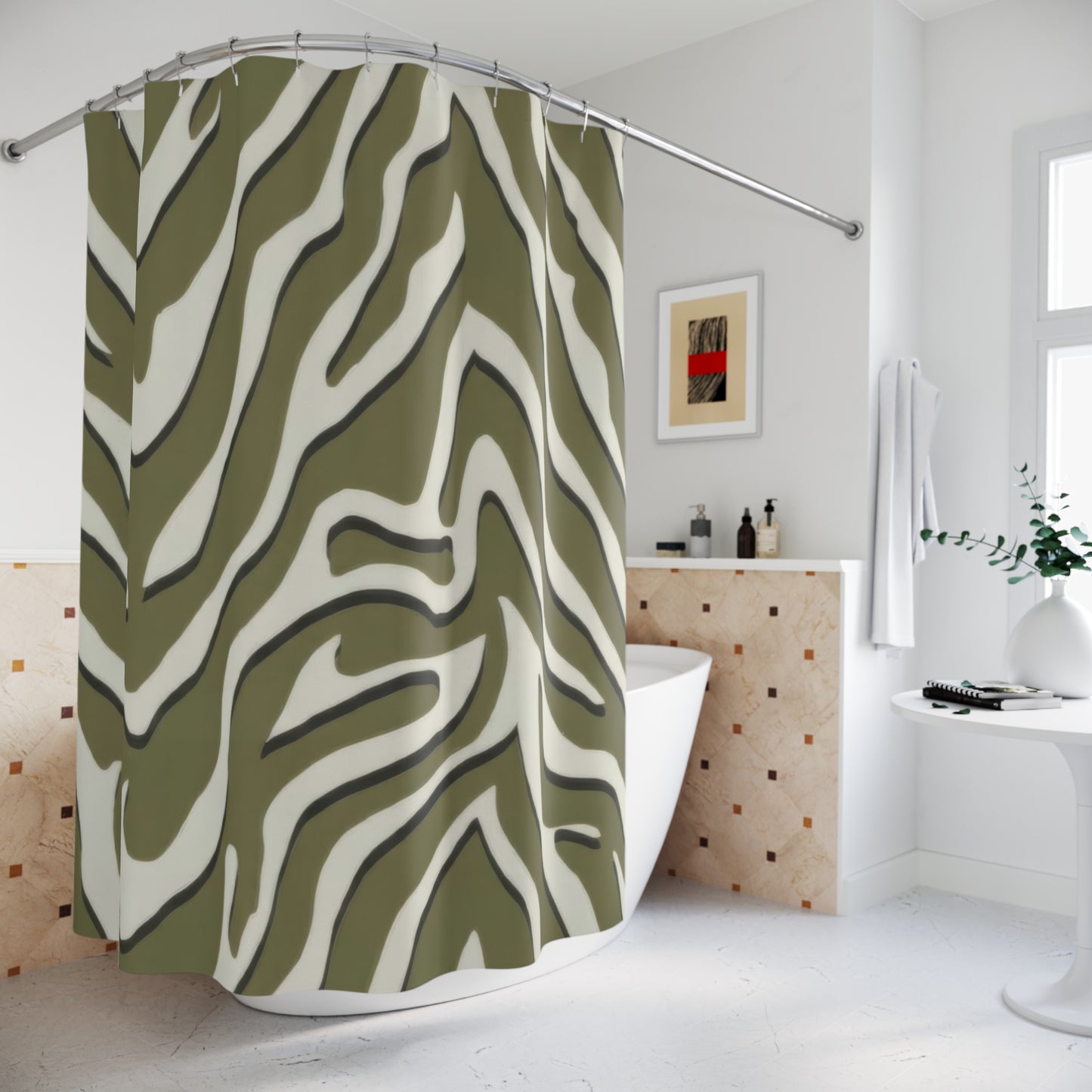 Sage Green Zebra Print Shower Curtains, Modern Chevron Animal Print Bathroom Decor