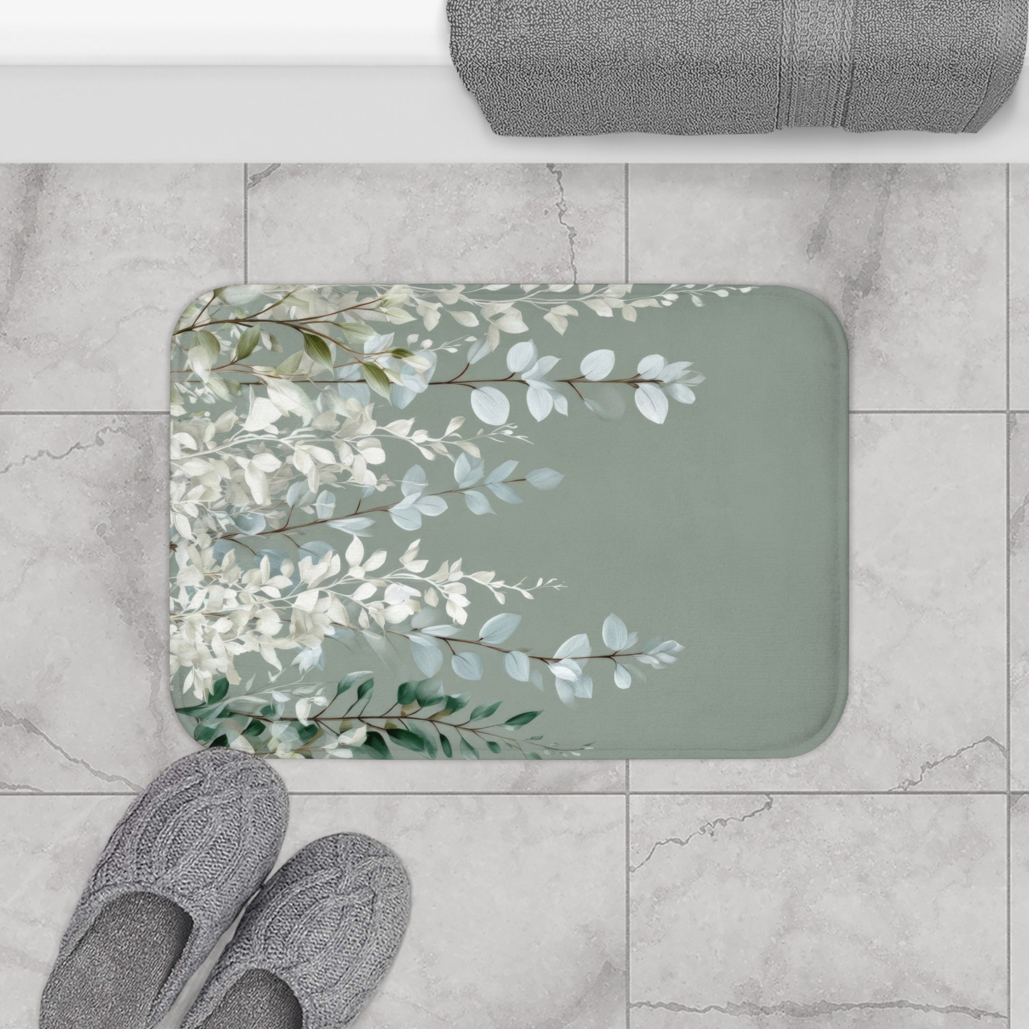 Frozen Sage Eucalyptus Bath Mat, Muted Gray Botanical Bathroom Decor