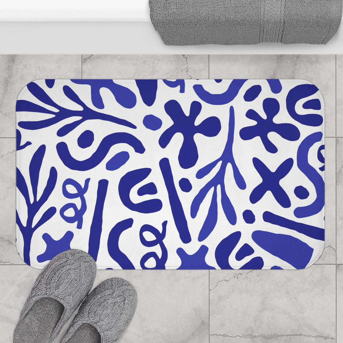 Blue Mediterranean Bath Mat, Matisse Inspired Organic Shape Bathroom Decor