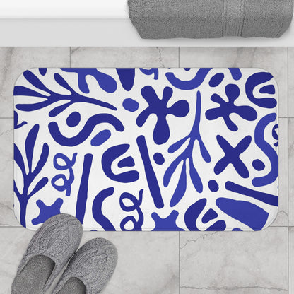 Blue Mediterranean Bath Mat, Matisse Inspired Organic Shape Bathroom Decor