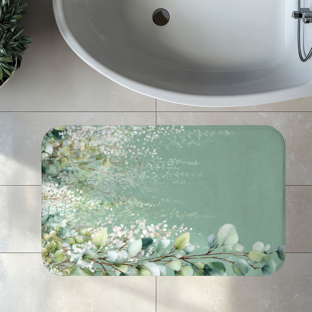 Cascading White Wisteria & Sage Eucalyptus Bath Mat, Serene Luxury Bathroom Decor