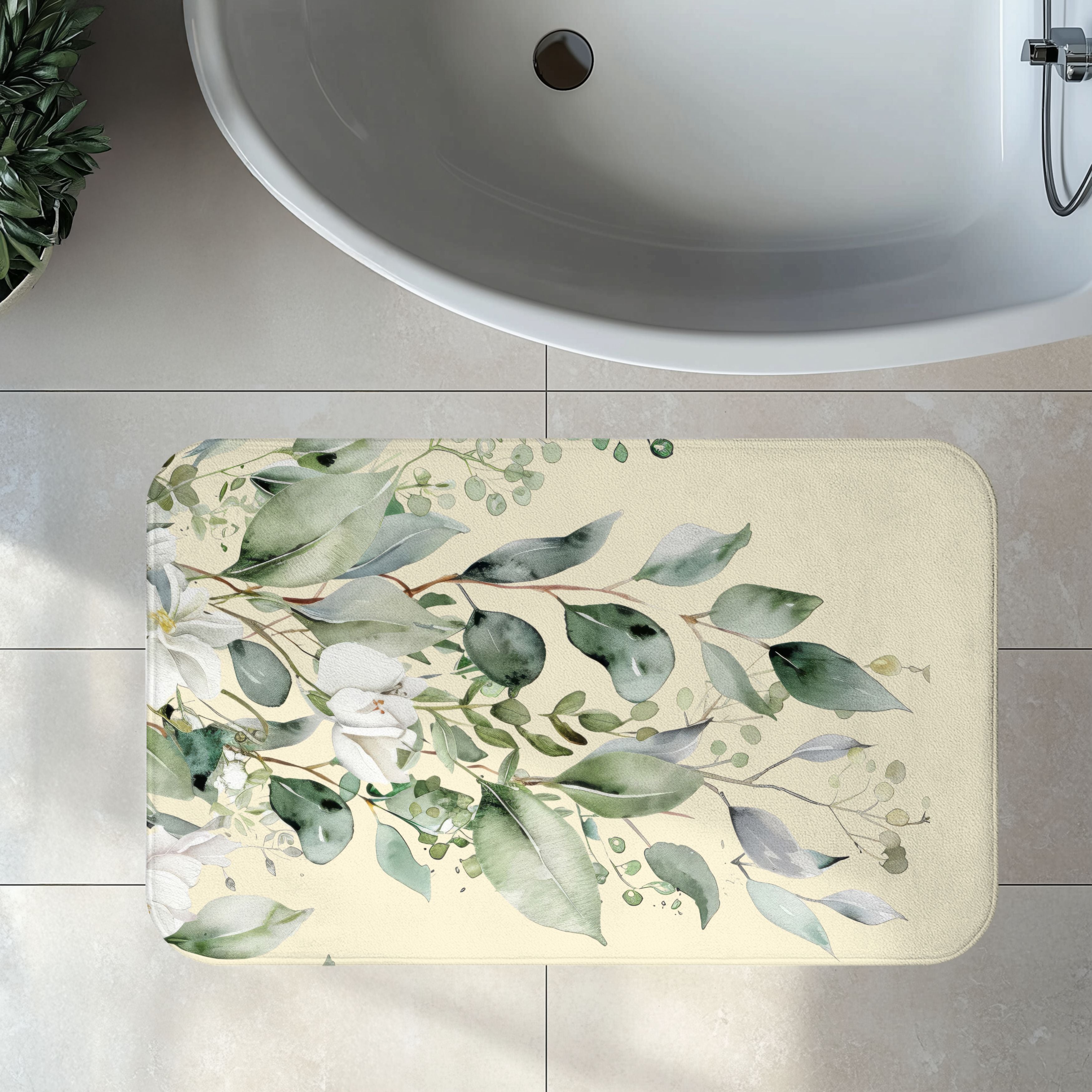 Soft Sage and Cream Eucalyptus Bath Mat, Watercolor Floral Bathroom Decor