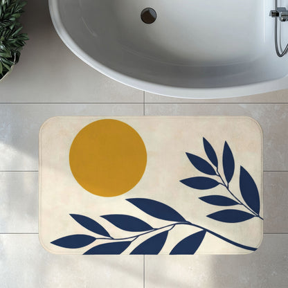 Modern Abstract Navy and Mustard Bath Mat, Aesthetic Mid Century Scandi Bathroom