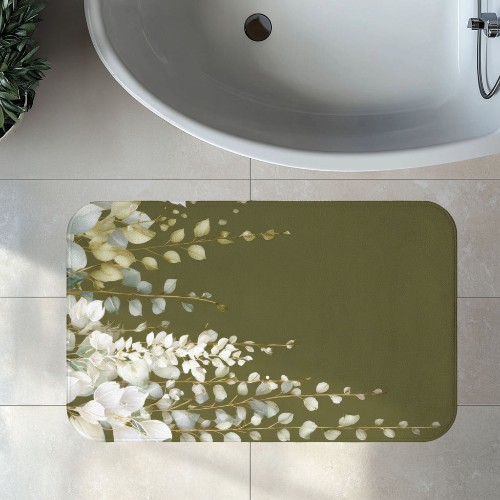 Olive Green Eucalyptus Bath Mat, Modern Earthy Minimalist Bathroom