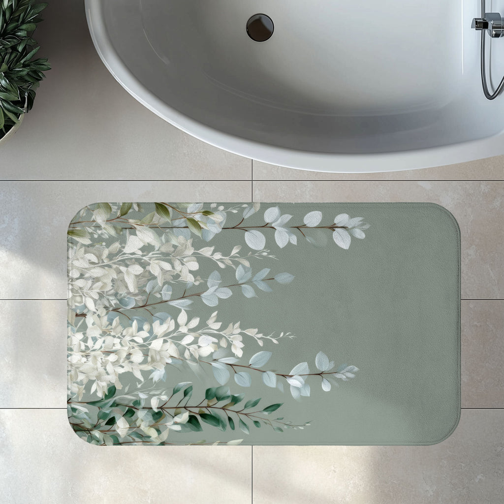 Frozen Sage Eucalyptus Bath Mat, Muted Gray Botanical Bathroom Decor