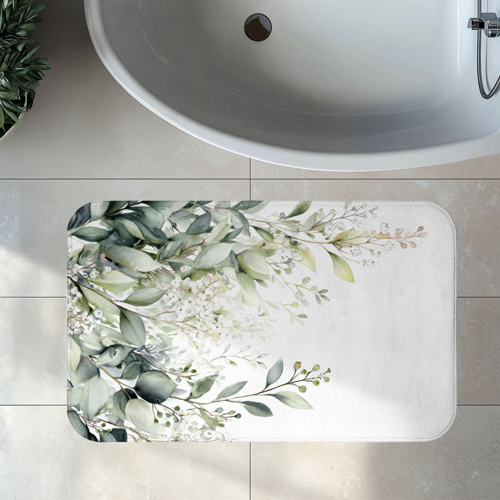 Watercolor Eucalyptus Bath Mat, Botanical Green Bathroom Decor