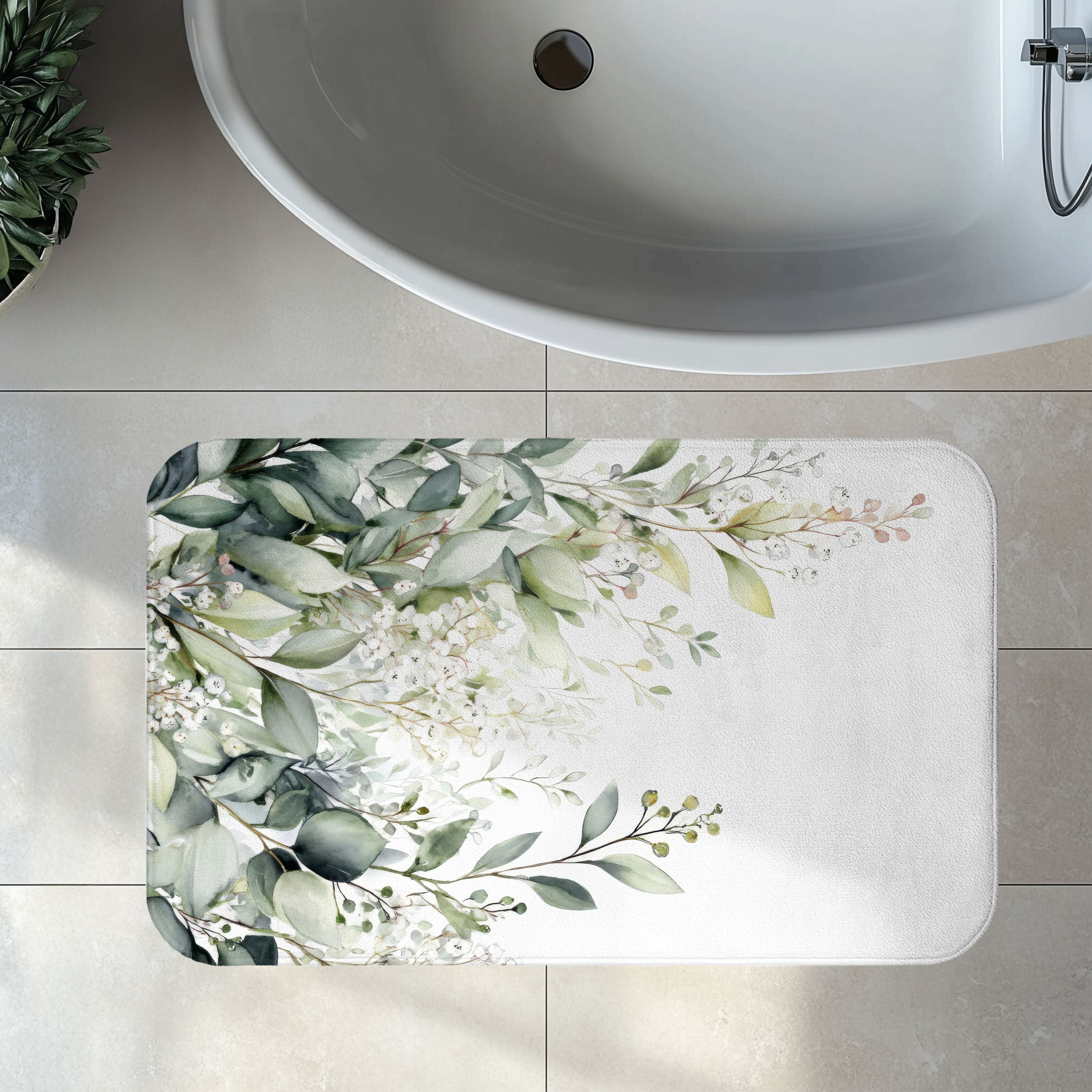 Watercolor Eucalyptus Bath Mat, Botanical Green Bathroom Decor