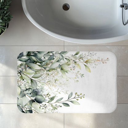 Watercolor Eucalyptus Bath Mat, Botanical Green Bathroom Decor