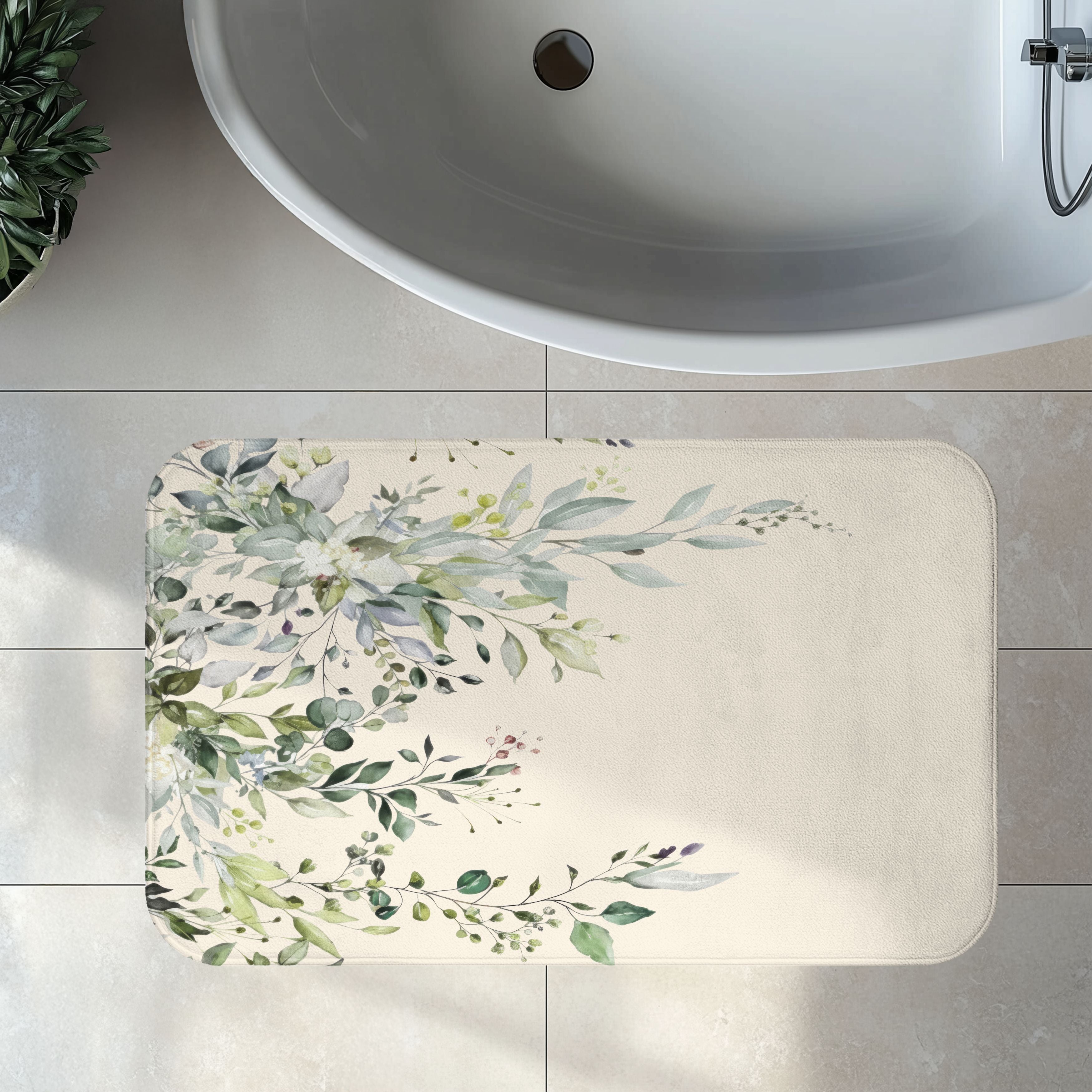 Watercolor Sage and Cream Eucalyptus Bath Mat, Boho Bathroom Decor