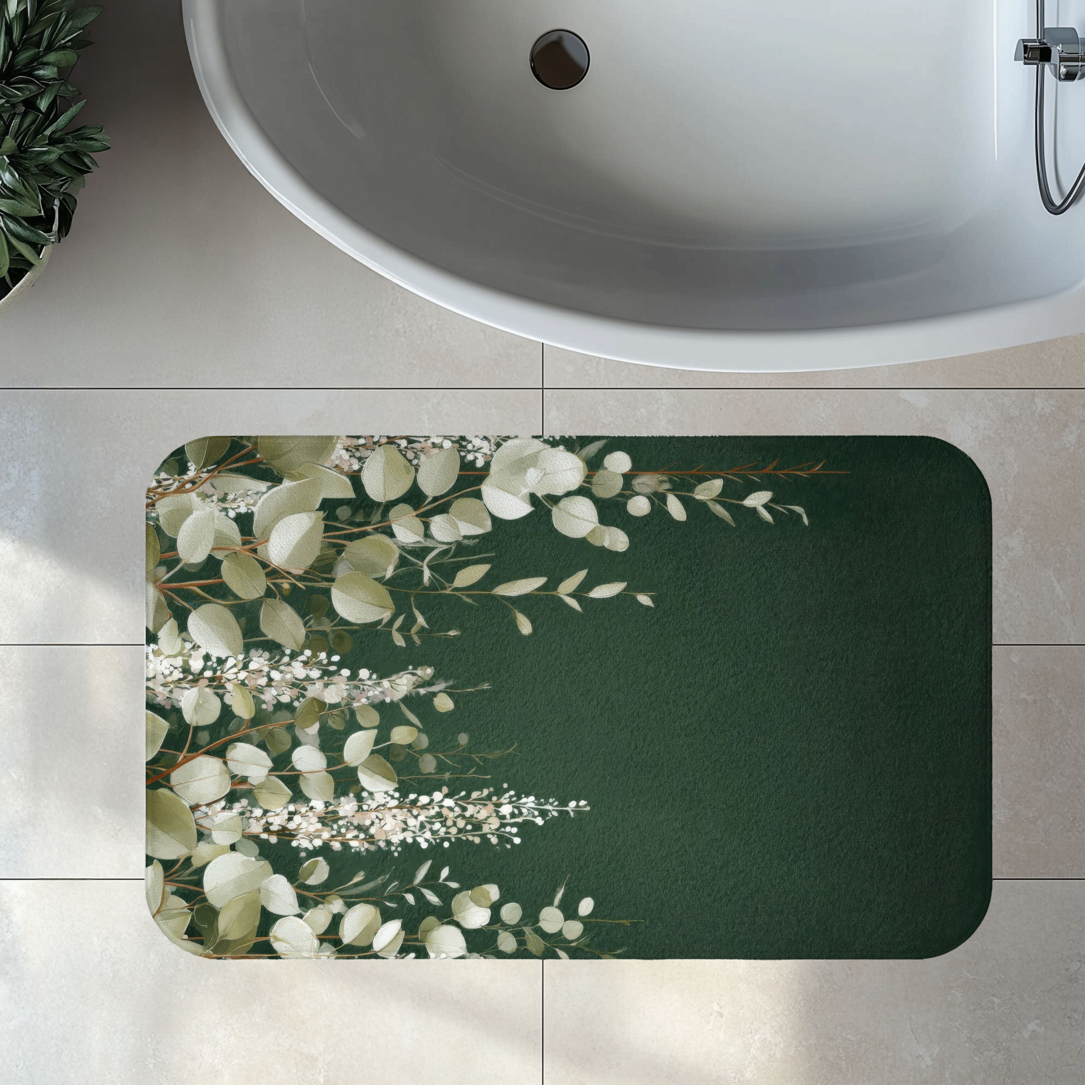 Dark Green Eucalyptus Bath Mat, Boho Botanical Bathroom Decor