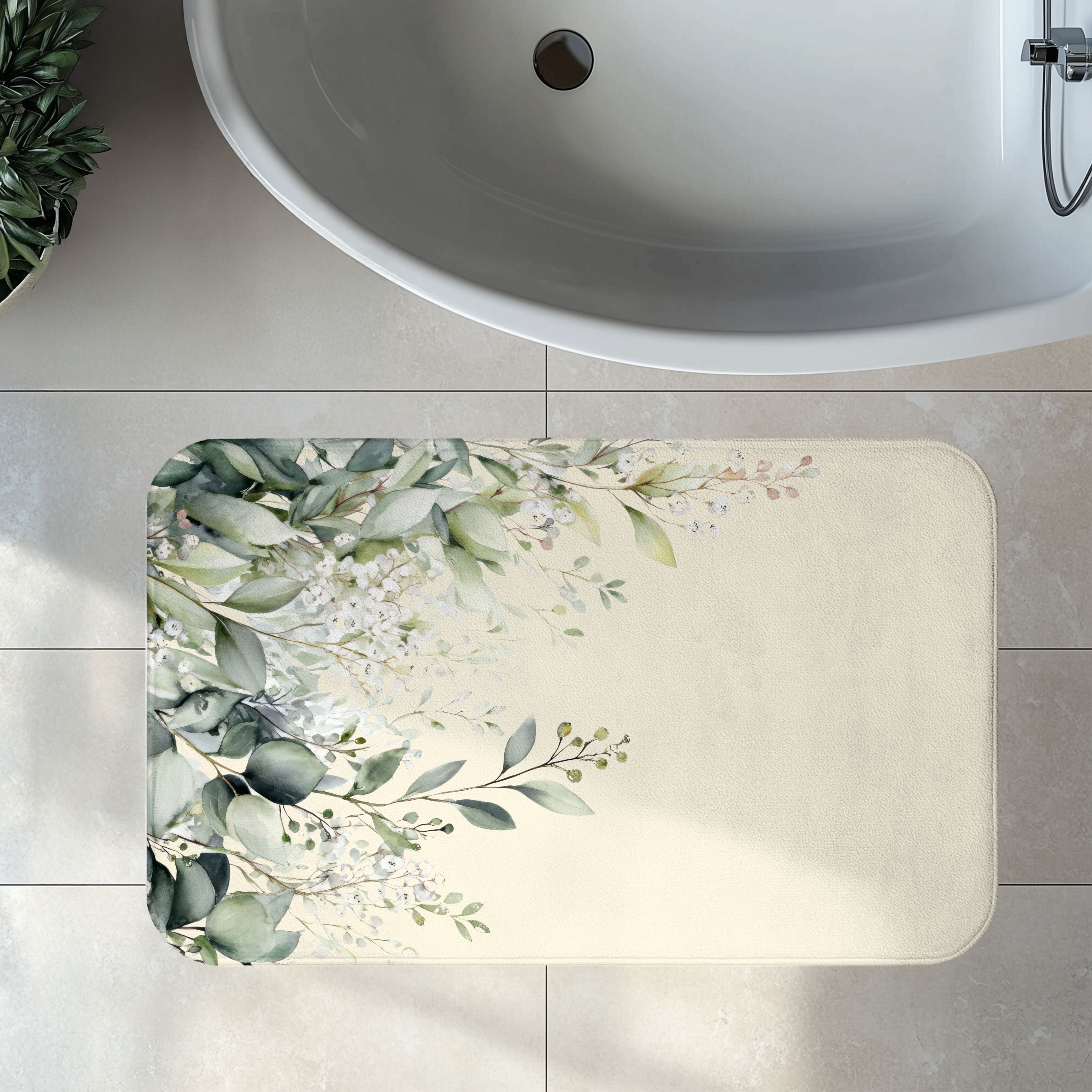 Soft Sage and Cream Eucalyptus Bath Mat, Modern Organic Spa Bathroom