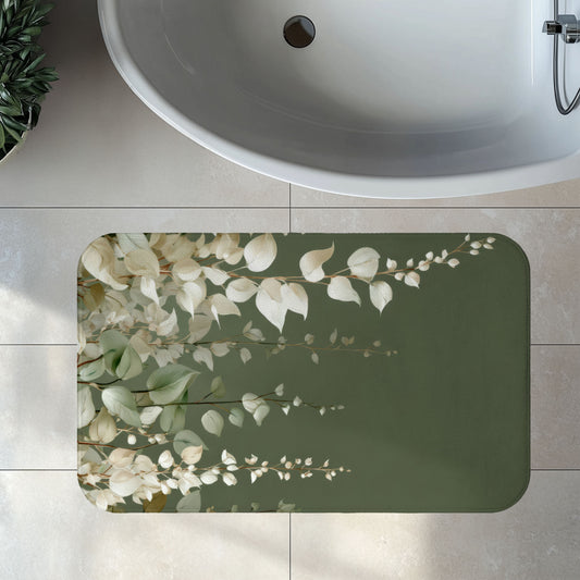 Moss Green Eucalyptus Bath Mat, Elegant Neutral Organic Spa Style