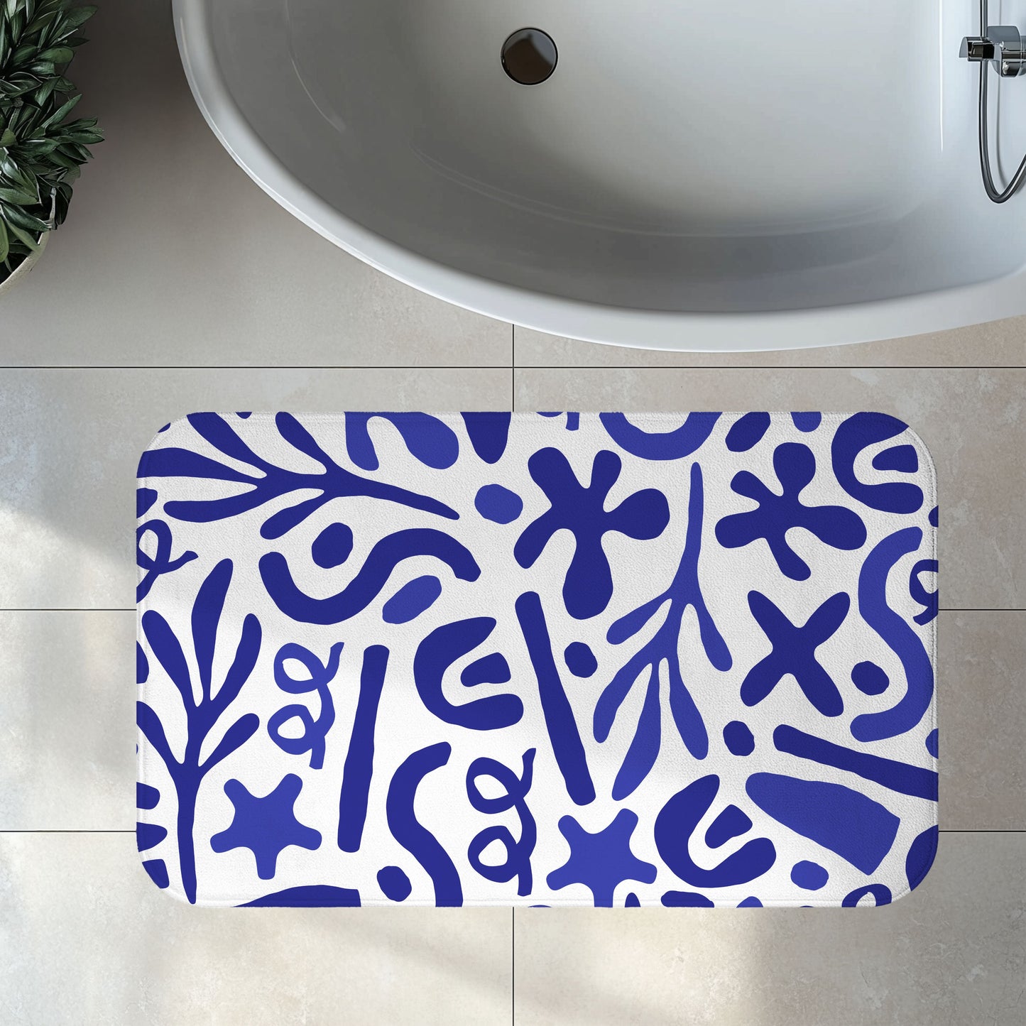 Blue Mediterranean Bath Mat, Matisse Inspired Organic Shape Bathroom Decor