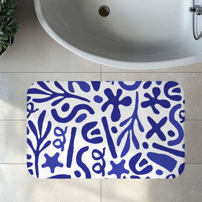 Blue Mediterranean Bath Mat, Matisse Inspired Organic Shape Bathroom Decor