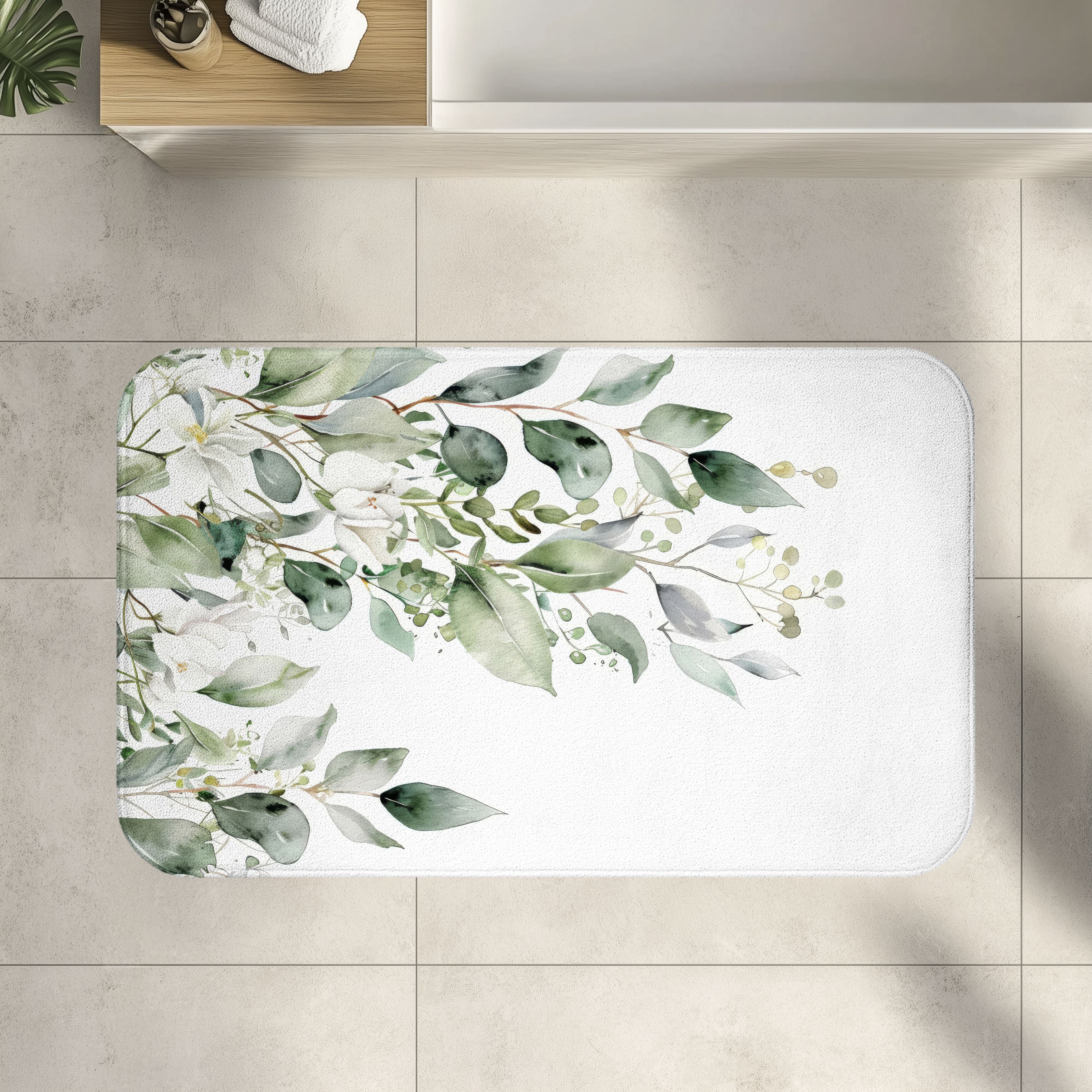 Watercolor Eucalyptus Bath Mat, Botanical Green Bathroom Decor