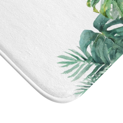 Watercolor Monstera Bath Mat, Bright Tropical Botanical Bathroom Decor