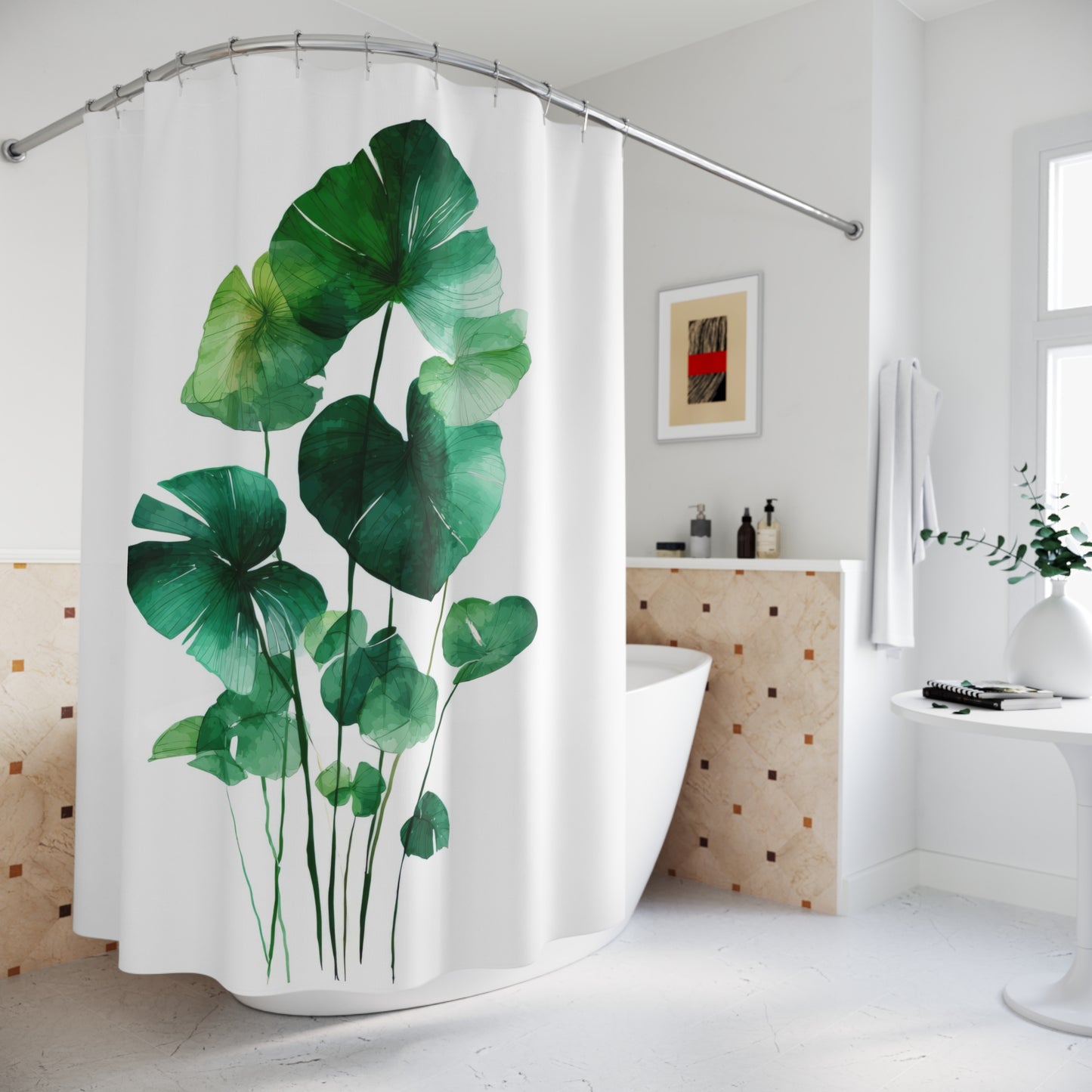 Watercolor Monstera Shower Curtains, Tropical Botanical Bathroom Decor