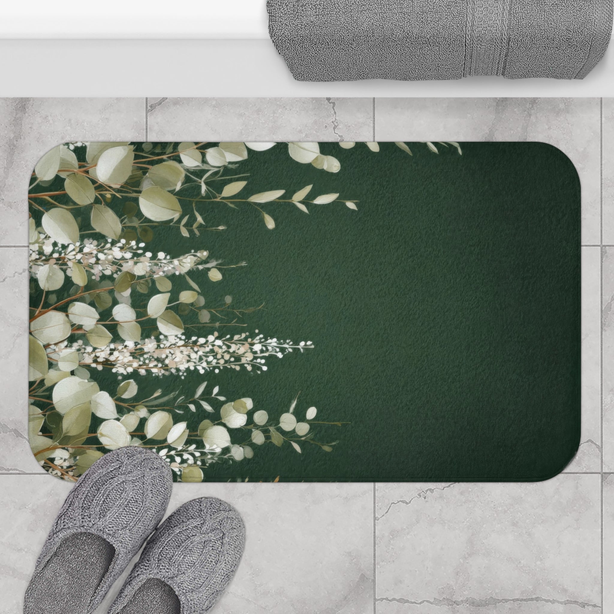 Dark Green Eucalyptus Bath Mat, Boho Botanical Bathroom Decor