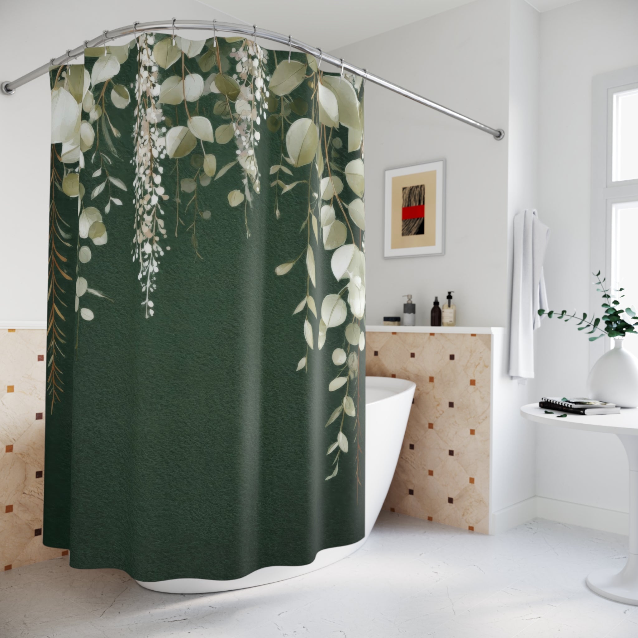 Dark Green Eucalyptus Shower Curtains, Boho Botanical Bathroom Decor