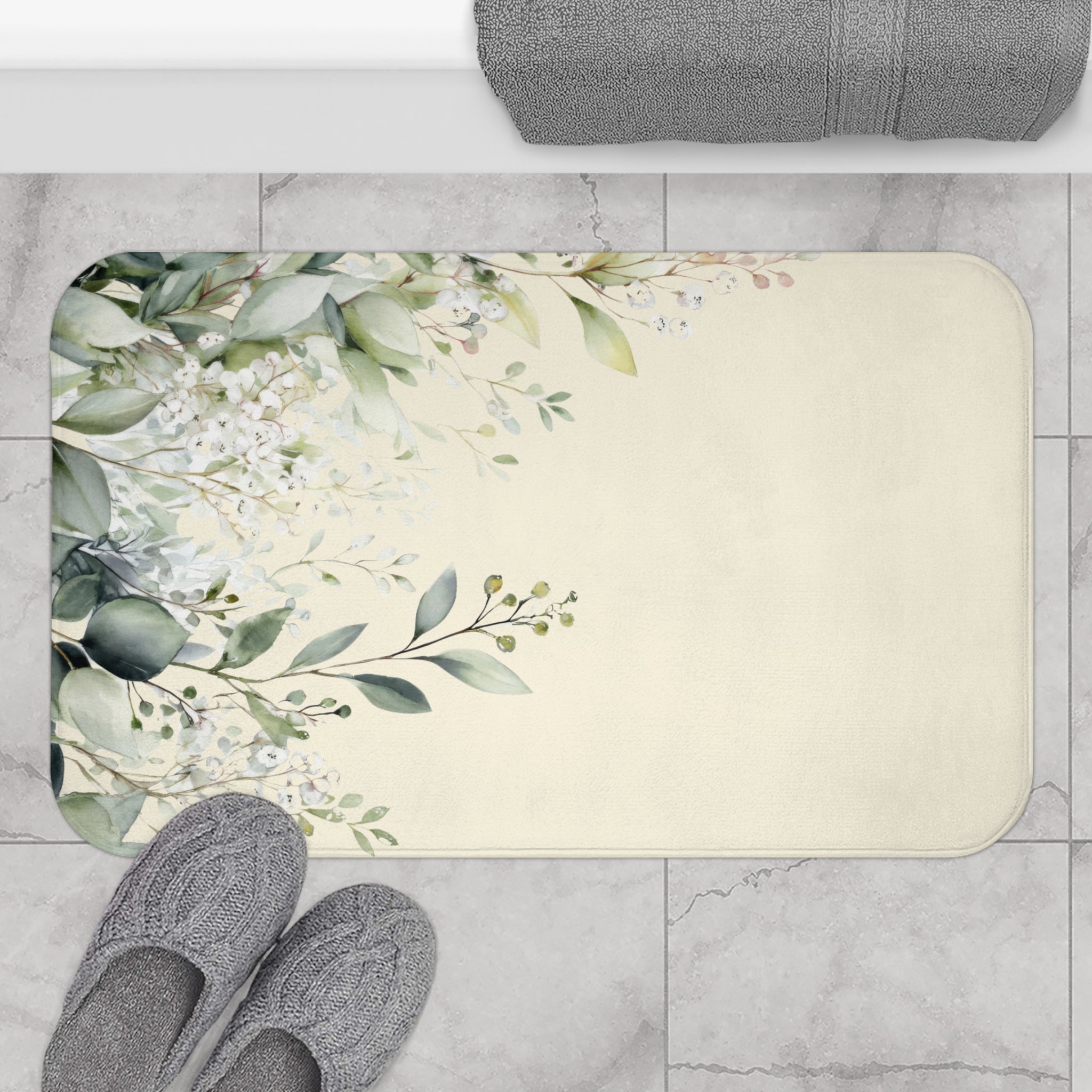 Soft Sage and Cream Eucalyptus Bath Mat, Modern Organic Spa Bathroom