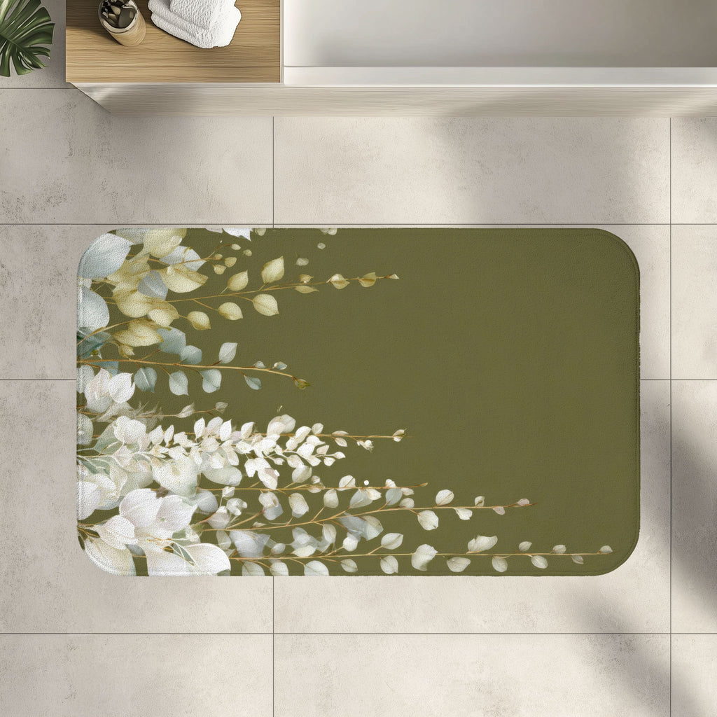 Olive Green Eucalyptus Bath Mat, Modern Earthy Minimalist Bathroom