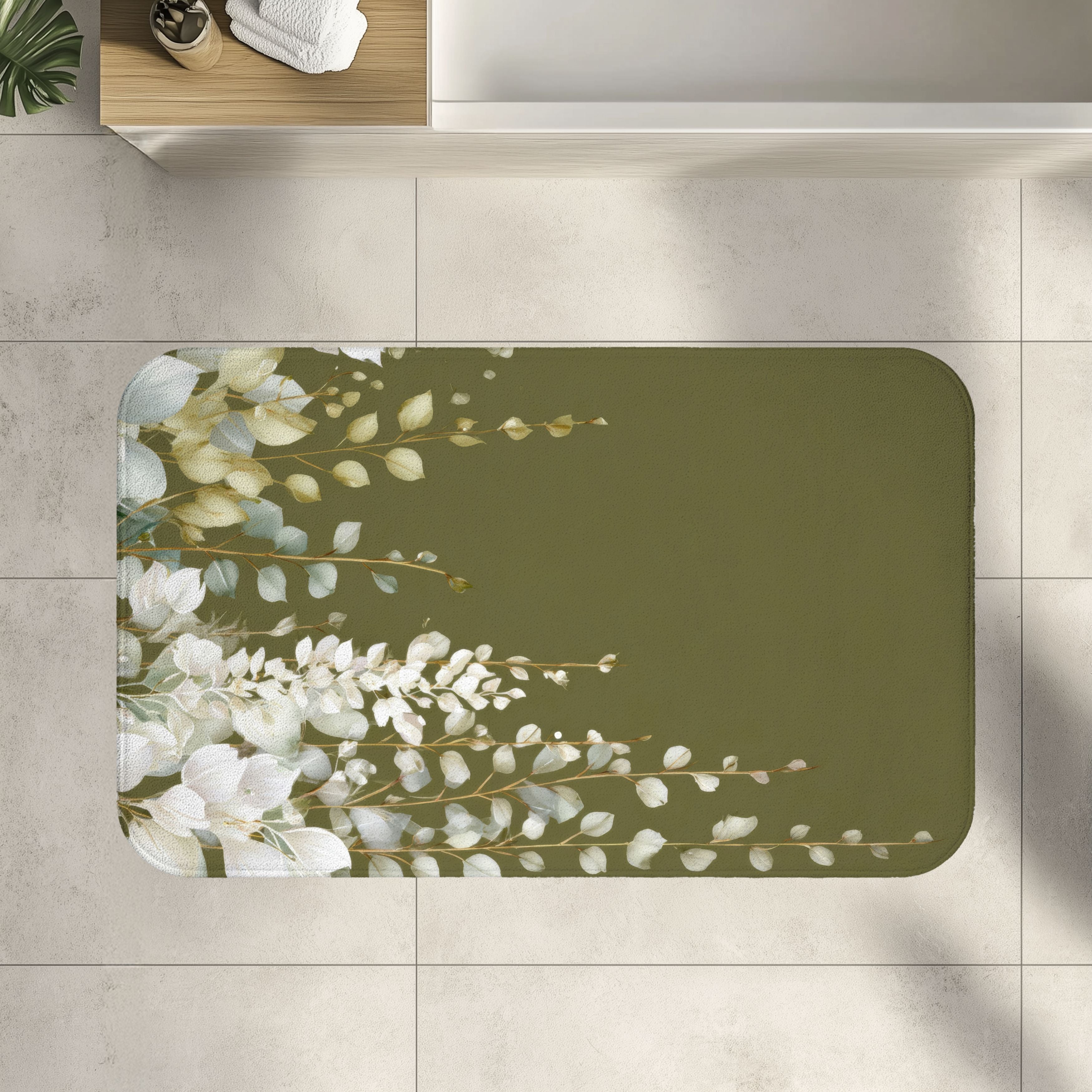 Olive Green Eucalyptus Bath Mat, Modern Earthy Minimalist Bathroom