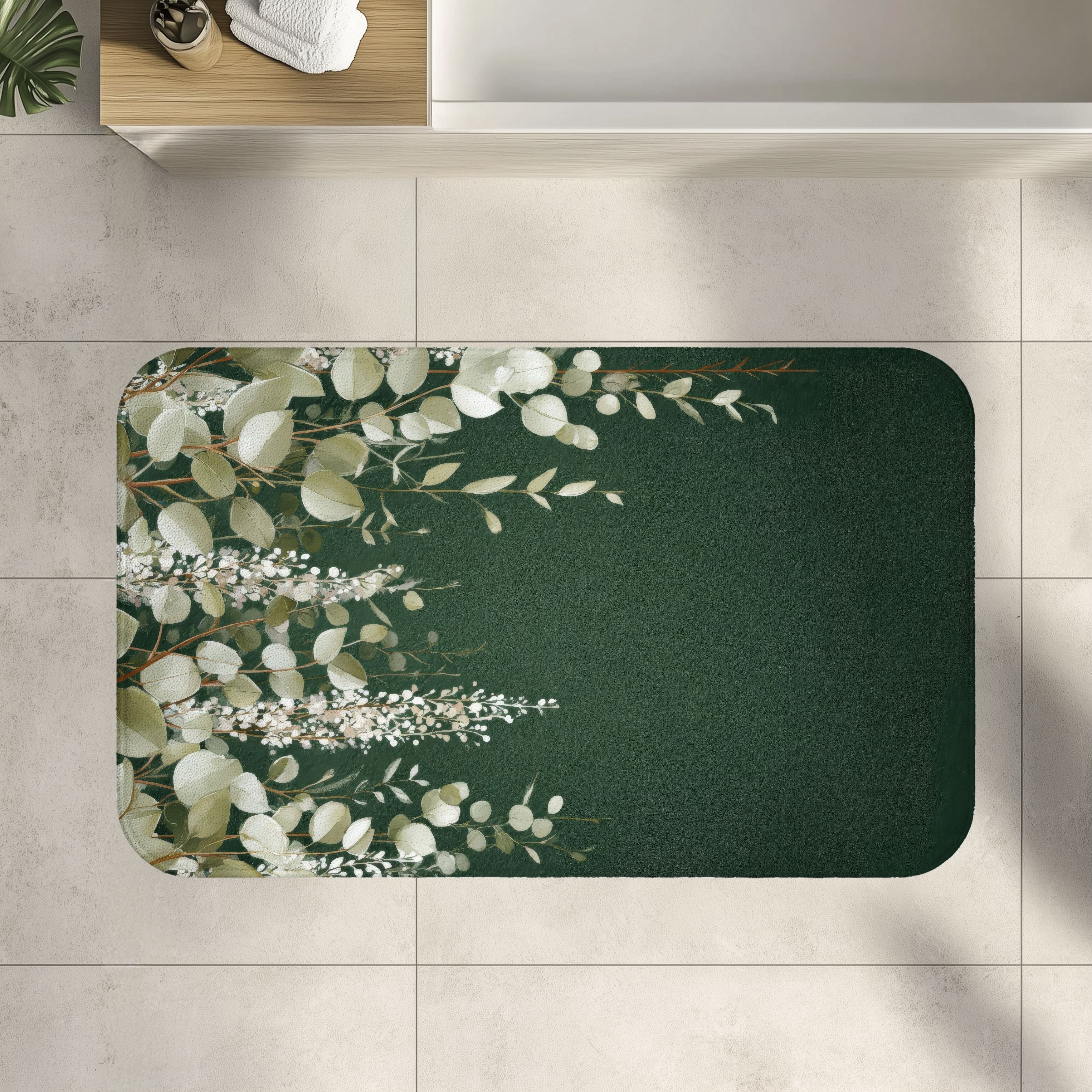 Dark Green Eucalyptus Bath Mat, Boho Botanical Bathroom Decor