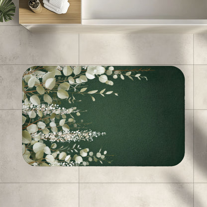 Dark Green Eucalyptus Bath Mat, Boho Botanical Bathroom Decor