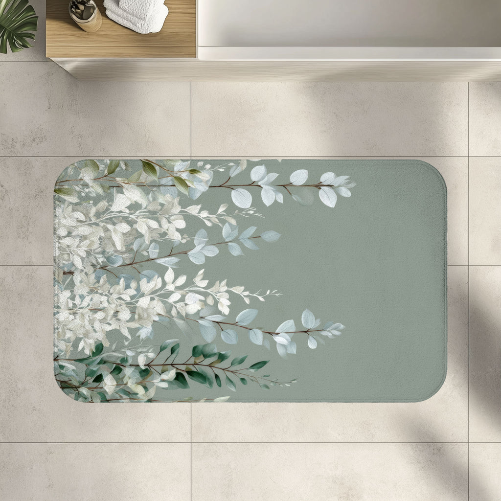 Frozen Sage Eucalyptus Bath Mat, Muted Gray Botanical Bathroom Decor