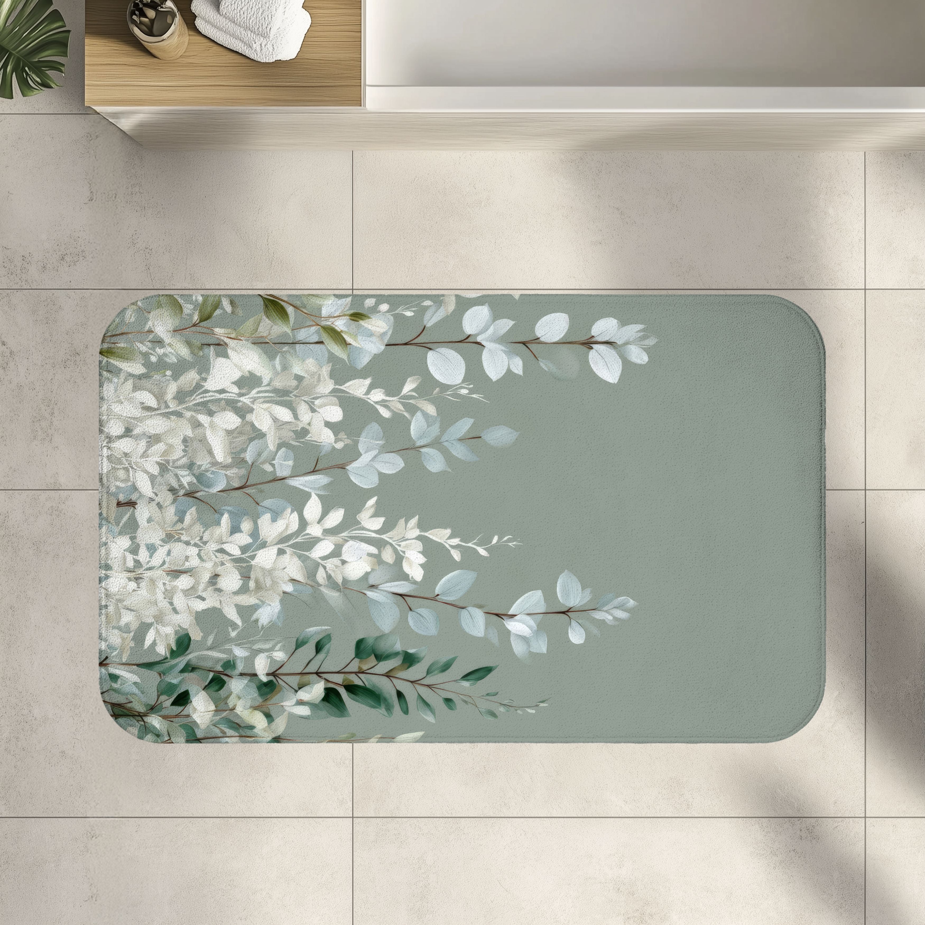 Frozen Sage Eucalyptus Bath Mat, Muted Gray Botanical Bathroom Decor