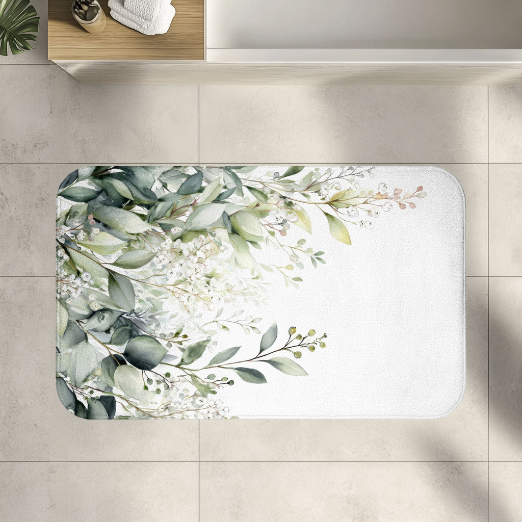 Watercolor Eucalyptus Bath Mat, Botanical Green Bathroom Decor