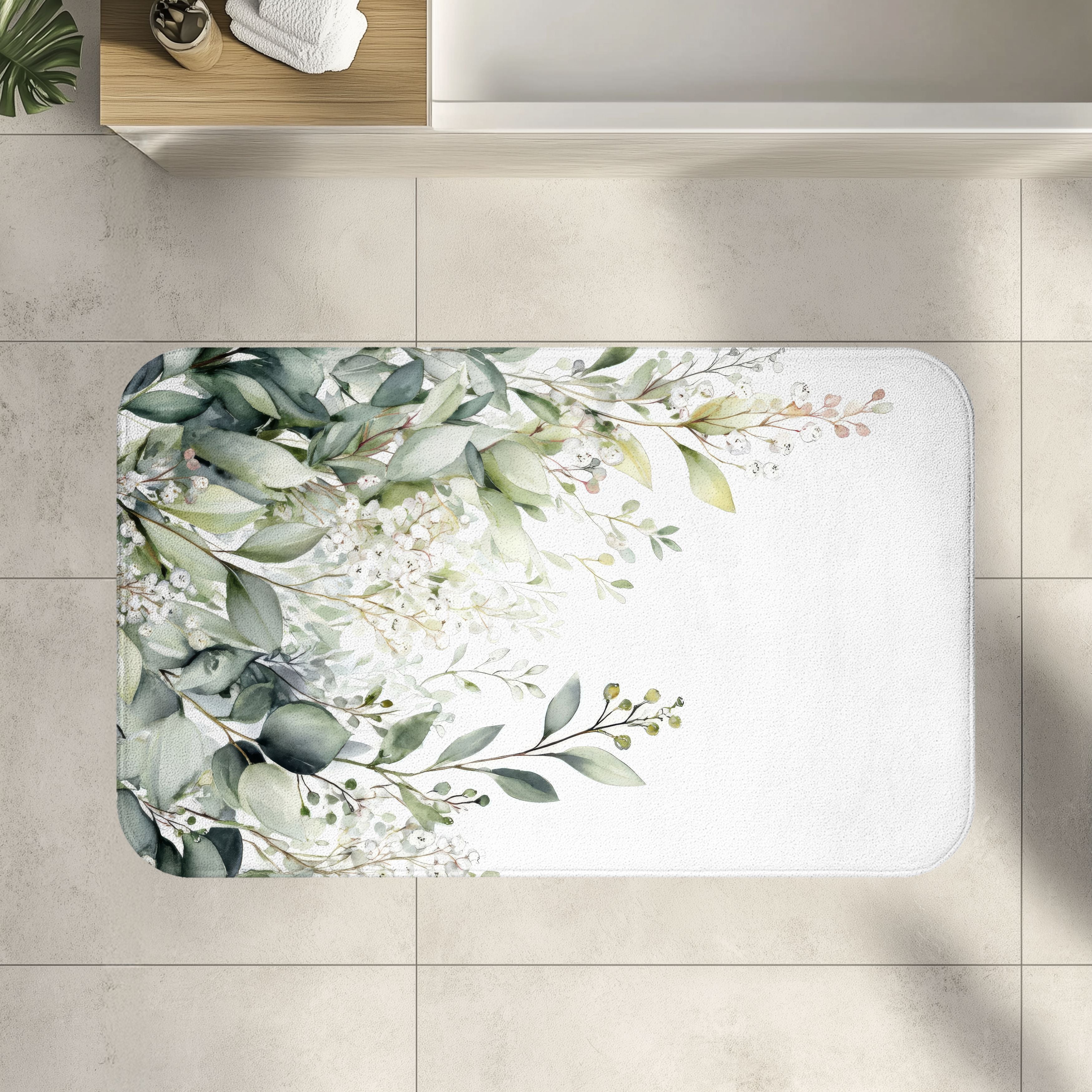 Watercolor Eucalyptus Bath Mat, Botanical Green Bathroom Decor