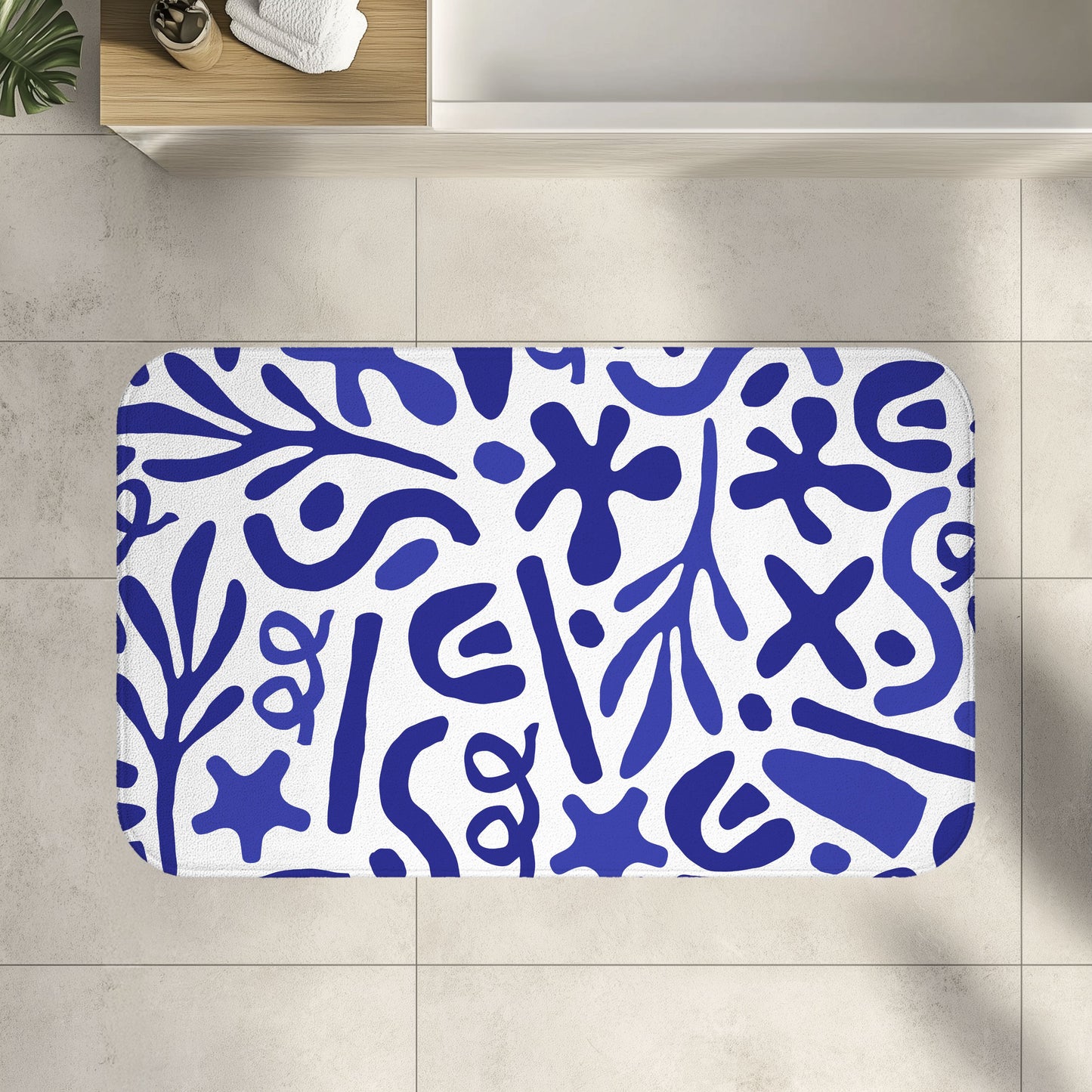 Blue Mediterranean Bath Mat, Matisse Inspired Organic Shape Bathroom Decor