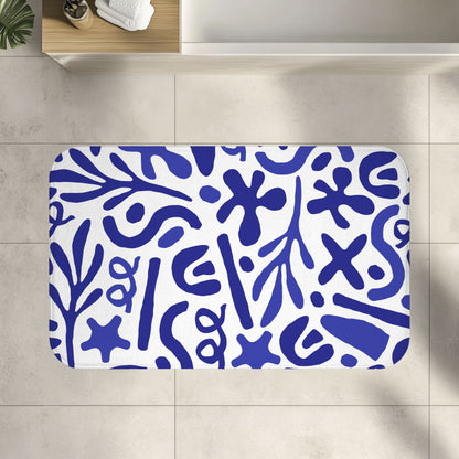 Blue Mediterranean Bath Mat, Matisse Inspired Organic Shape Bathroom Decor