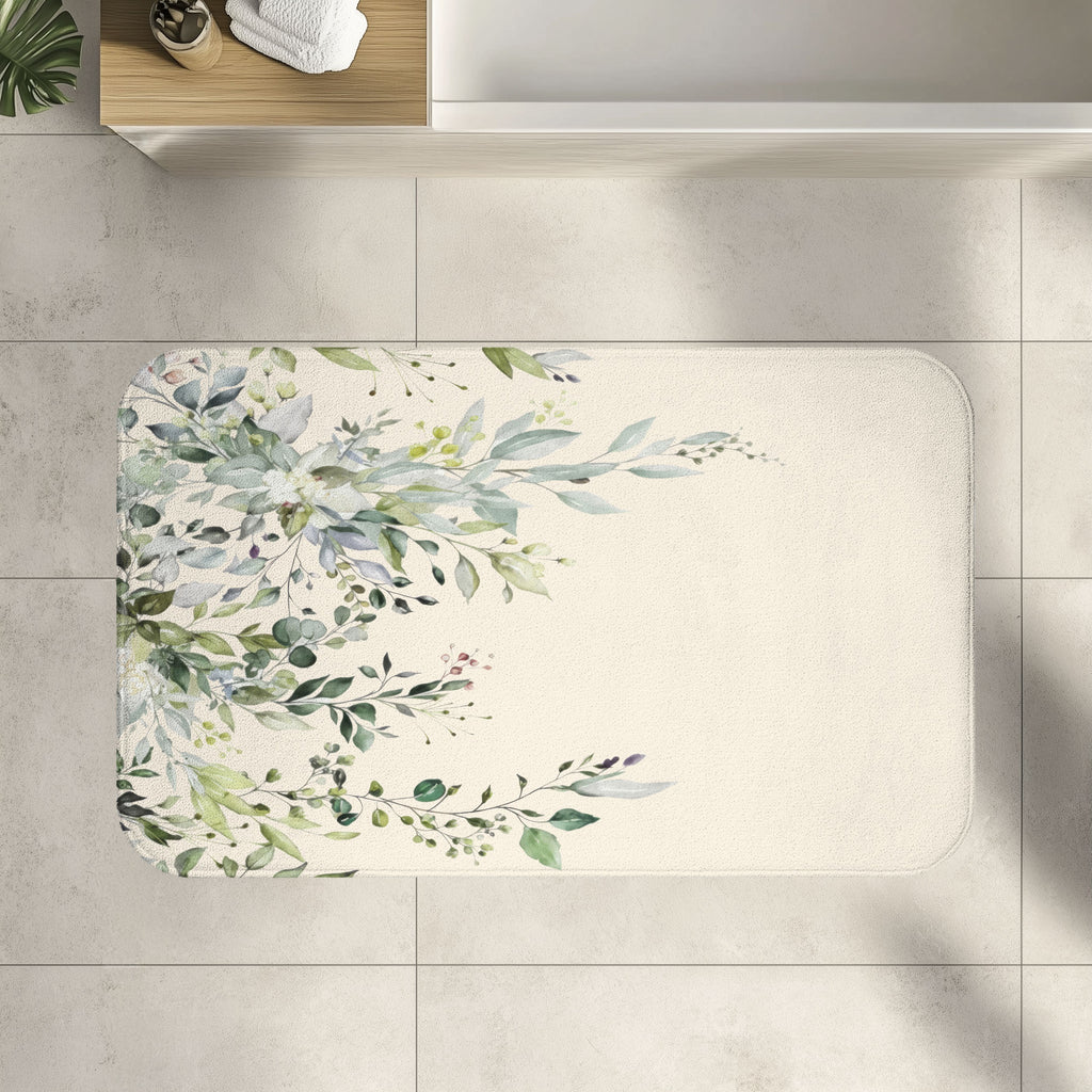 Watercolor Sage and Cream Eucalyptus Bath Mat, Boho Bathroom Decor