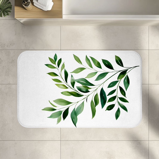 Watercolor Olive Branch Bath Mat, Forest Green Deep Nature Inspired Bathroom Decor