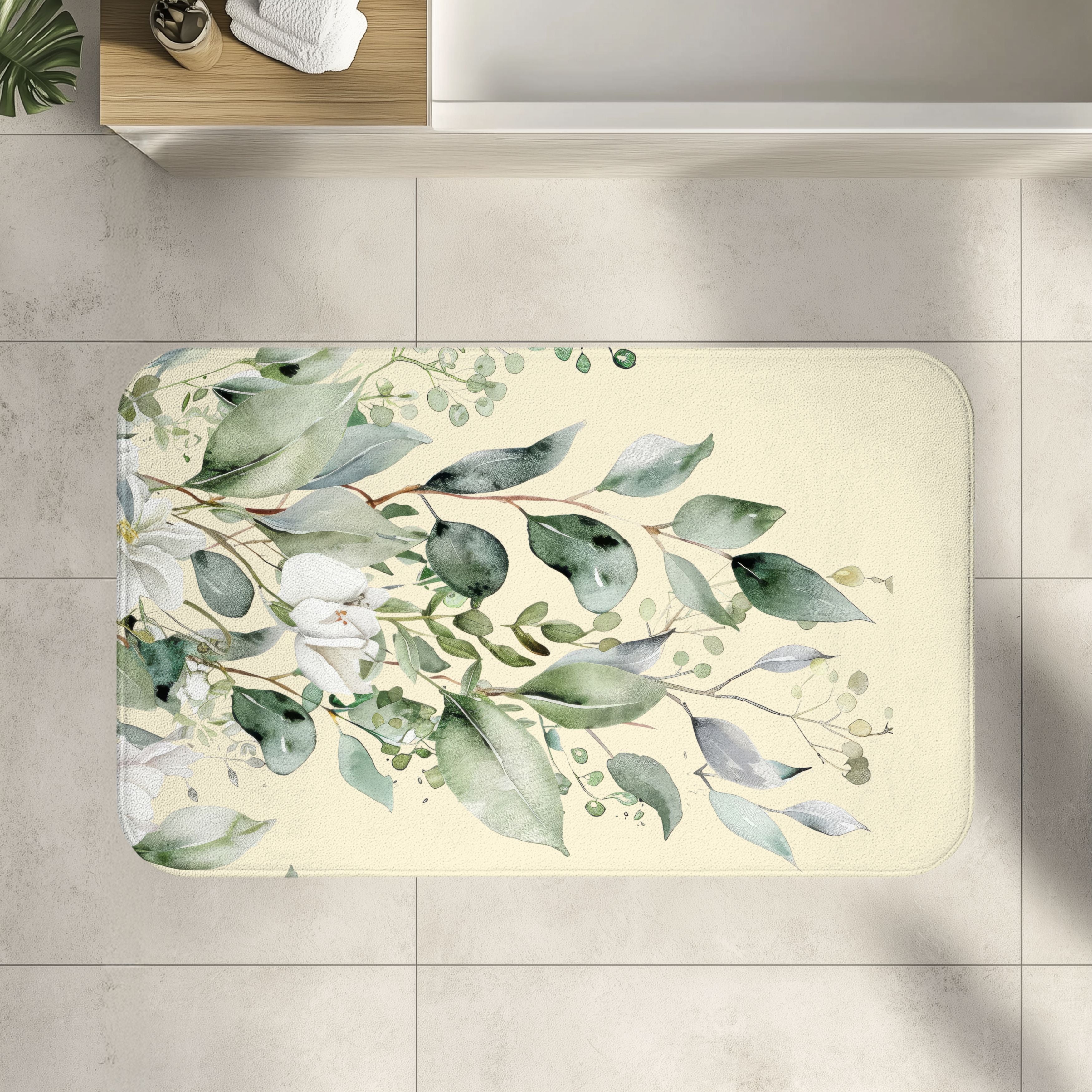 Soft Sage and Cream Eucalyptus Bath Mat, Watercolor Floral Bathroom Decor