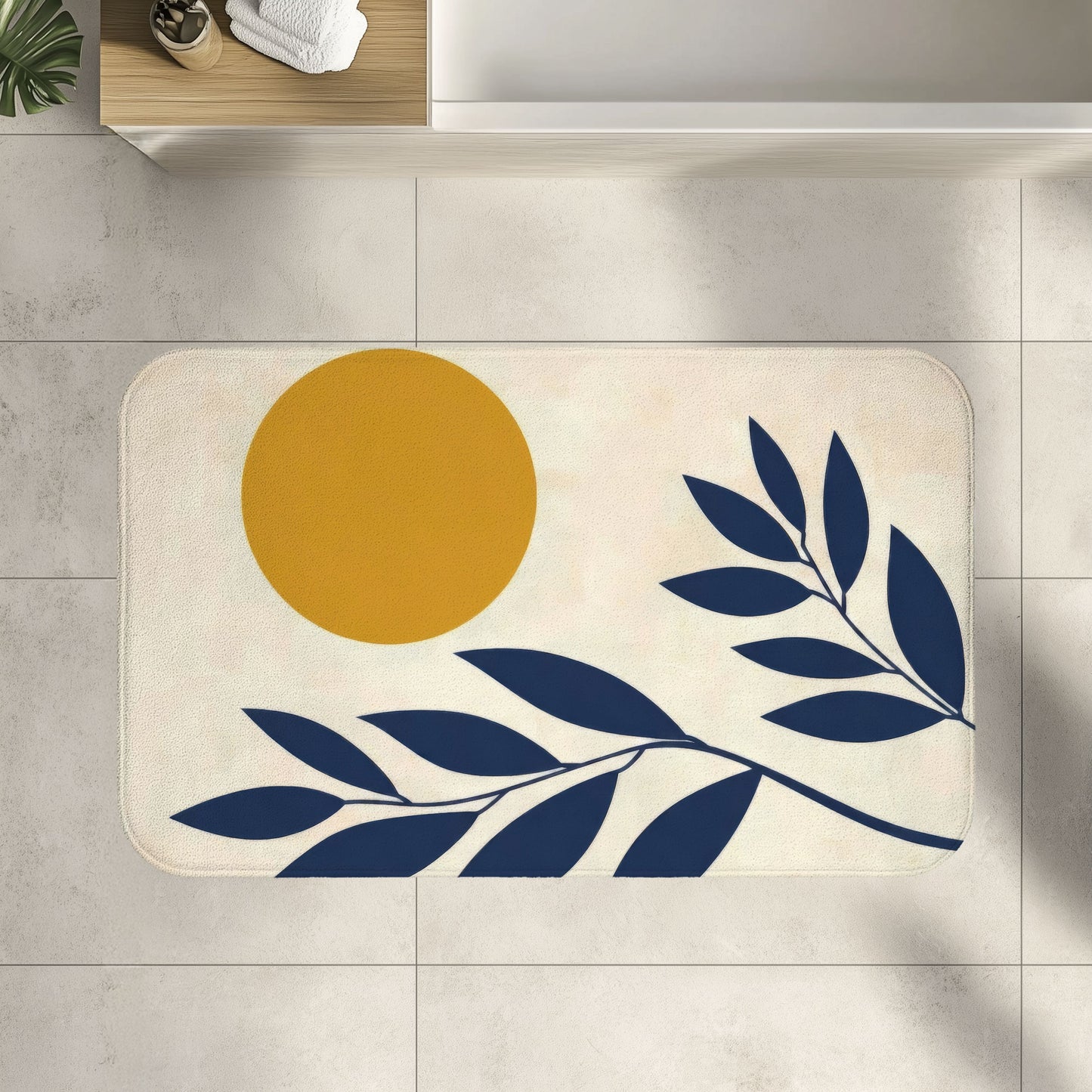 Modern Abstract Navy and Mustard Bath Mat, Aesthetic Mid Century Scandi Bathroom