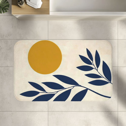 Modern Abstract Navy and Mustard Bath Mat, Aesthetic Mid Century Scandi Bathroom