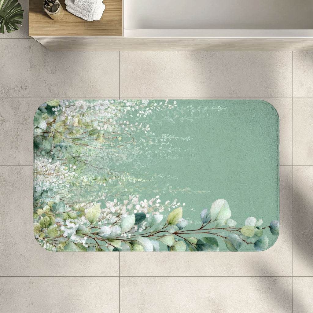 Cascading White Wisteria & Sage Eucalyptus Bath Mat, Serene Luxury Bathroom Decor