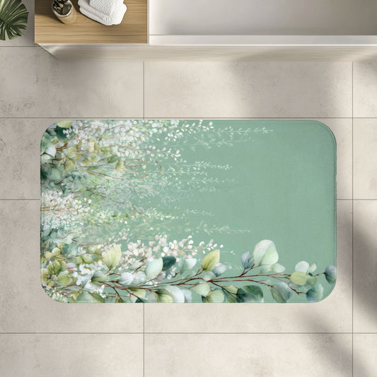 Cascading White Wisteria & Sage Eucalyptus Bath Mat, Serene Luxury Bathroom Decor