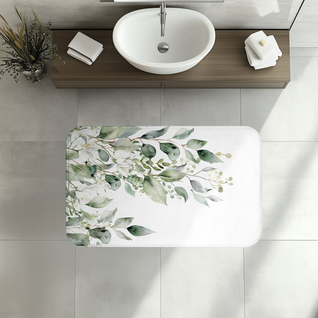 Watercolor Eucalyptus Bath Mat, Botanical Green Bathroom Decor