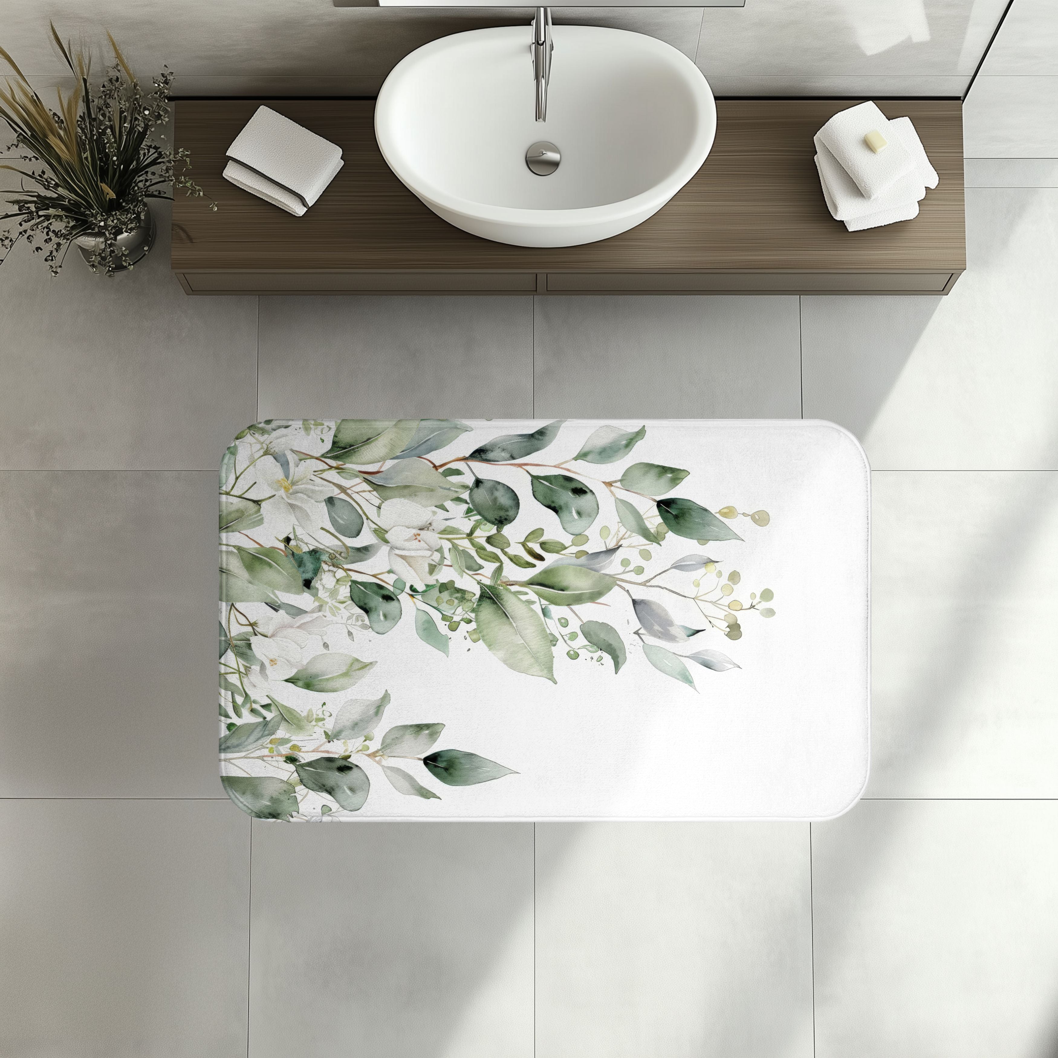 Watercolor Eucalyptus Bath Mat, Botanical Green Bathroom Decor