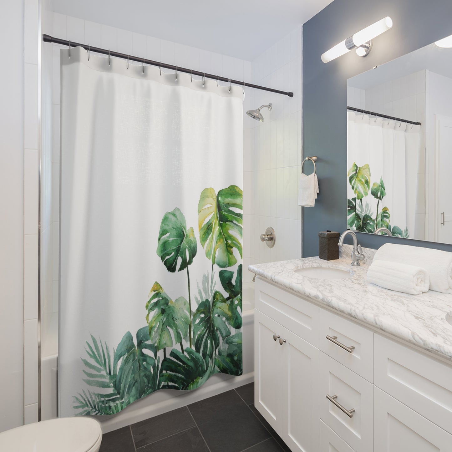 Watercolor Monstera Shower Curtains, Bright Tropical Botanical Bathroom Decor