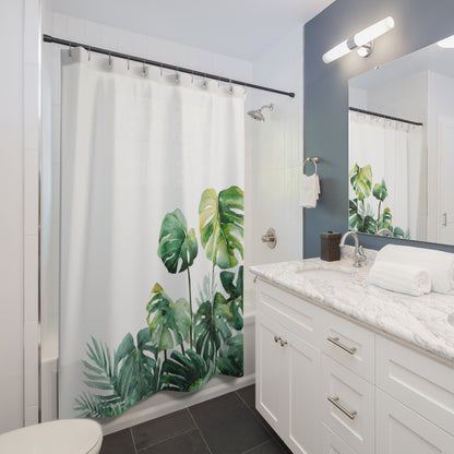 Watercolor Monstera Shower Curtains, Bright Tropical Botanical Bathroom Decor
