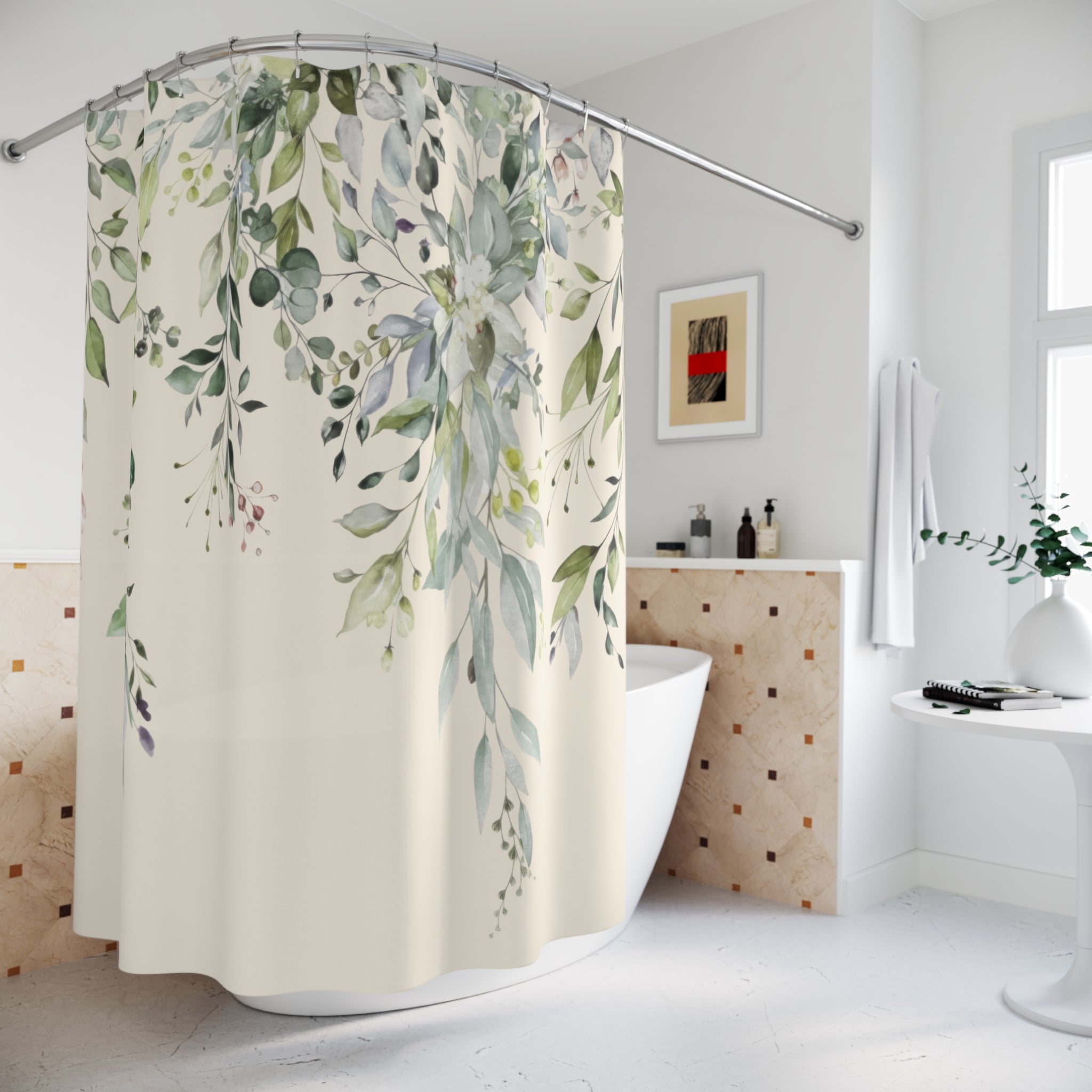 Watercolor Sage and Cream Eucalyptus Shower Curtains, Boho Bathroom Decor